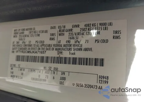 2018 Ford Transit-250 z USA, uszkodzony, nr VIN 1FTYR2CM9JKA71657